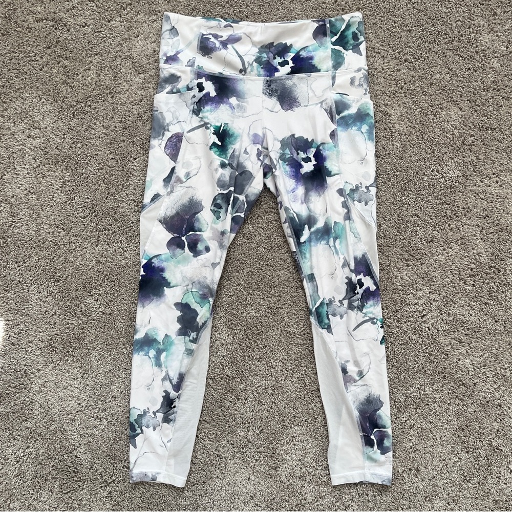 Athleta White Leggings Size M Blue, Teal & Gray Floral Print
